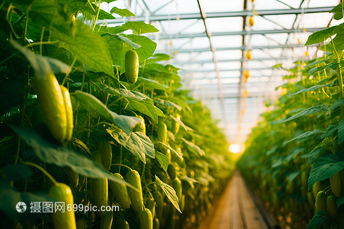 温室里的绿意盎然 现代农业温室中的黄瓜种植